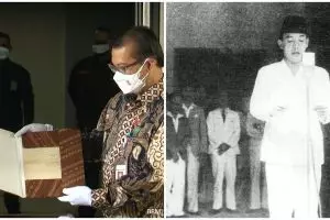 Penampakan naskah asli teks proklamasi, ada tulisan tangan Soekarno