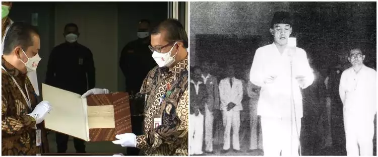 Penampakan naskah asli teks proklamasi, ada tulisan tangan Soekarno
