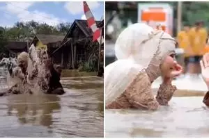Momen tak biasa pengantin foto saat banjir, gaun pernikahan disorot