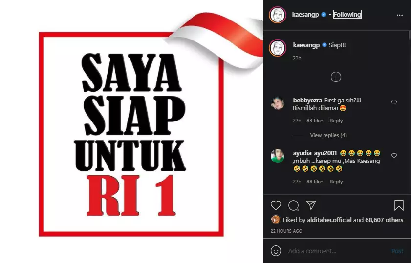 Kaesang Pangarep unggah 'Saya Siap untuk RI 1 Instagram