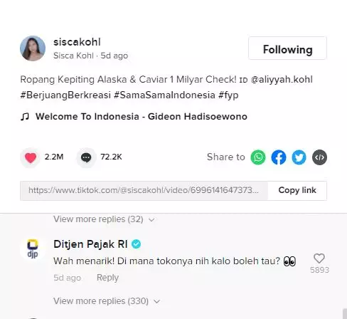 Ditjen Pajak komentari video TikTok Sisca Kohl © 2021 brilio.net Ditjen Pajak komentari video TikTok Sisca Kohl © 2021 brilio.net