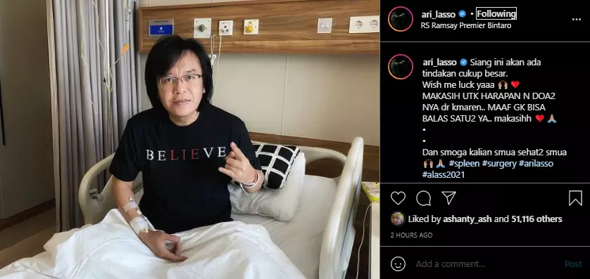 Ari Lasso dilarikan ke rumah sakit untuk jalani operasi Instagram