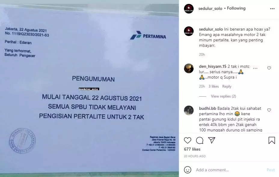 hoaks kabar Pertamina tak layani pertalite bagi sepeda motor 2 tak © 2021 brilio.net hoaks kabar Pertamina tak layani pertalite bagi sepeda motor 2 tak © 2021 brilio.net