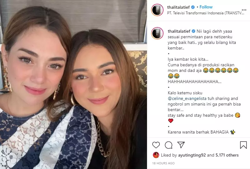 Thalita Latief unggah foto bareng Celine Evangelista © berbagai sumber Thalita Latief unggah foto bareng Celine Evangelista © berbagai sumber