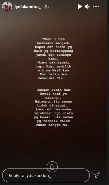 pesan Lydia Kandou untuk Kenang Mirdad © Instagram/@lydiakandou_