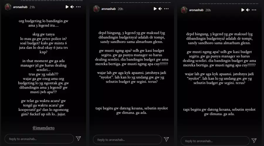 Aron Ashab tuntut maaf Imam Darto Instagram