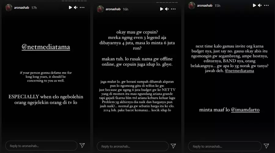 Aron Ashab tuntut maaf Imam Darto Instagram