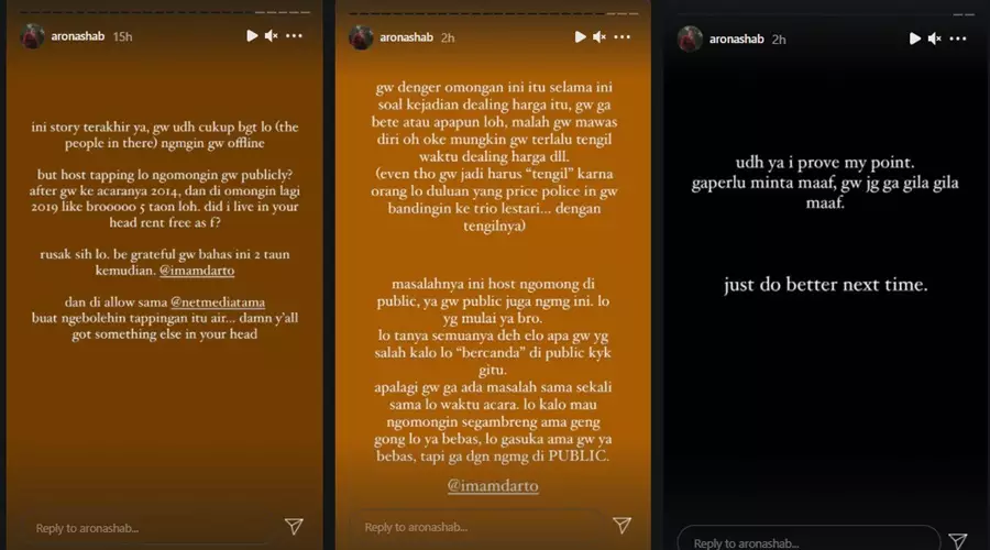 Aron Ashab tuntut maaf Imam Darto Instagram