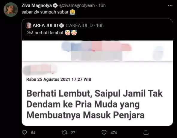 Ziva Magnolya beri tanggapan atas bebasnya Saipul Jamil Twitter