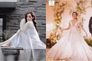 Potret gaun pengantin 7 pedangdut, milik Lesty Kejora ada bordir nama