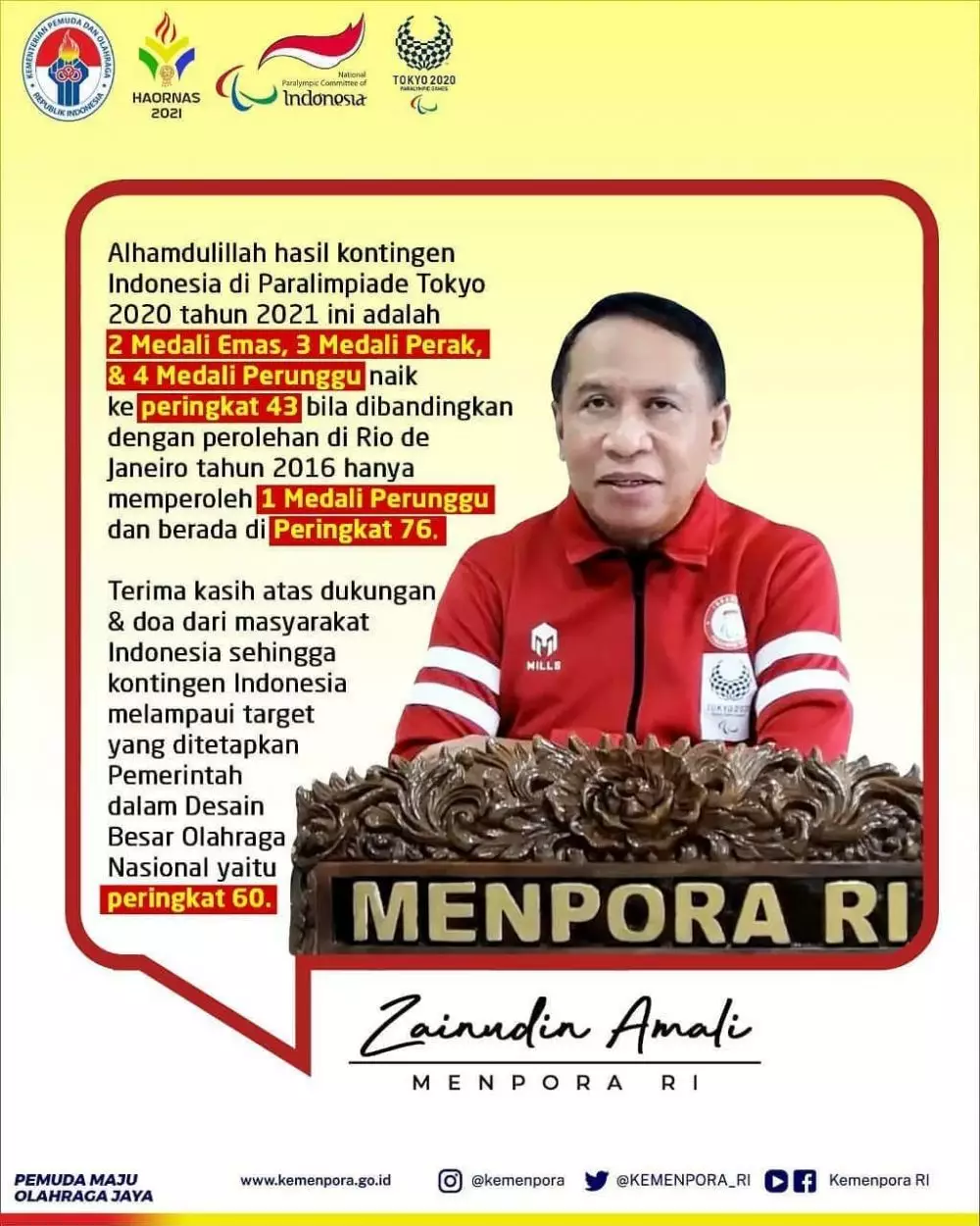 Janji bonus atlet Paralimpiade Tokyo © Instagram