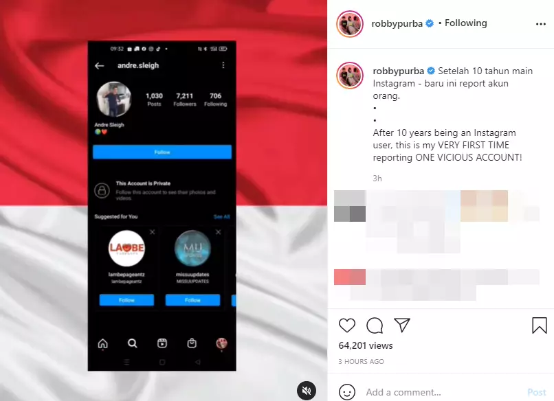 Robby Purba report akun Instagram Andre Sleigh Instagram