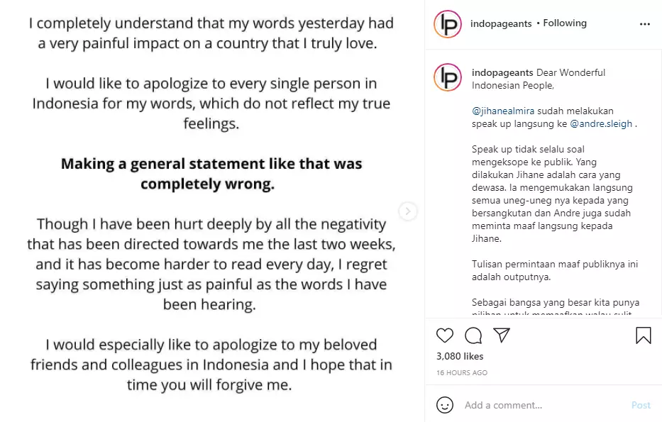 Andre Sleigh meminta maaf Instagram