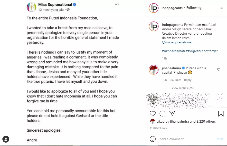 Andre Sleigh meminta maaf Instagram