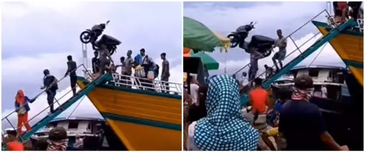 Pria angkat sepeda motor turun dari atas kapal, aksinya curi perhatian