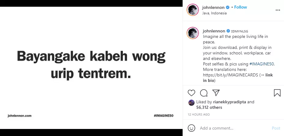 Heboh akun John Lennon unggah postingan pakai bahasa Jawa Instagram Heboh akun John Lennon unggah postingan pakai bahasa Jawa Instagram