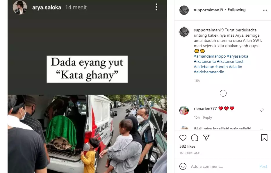 kakek Arya Saloka meninggal dunia Instagram