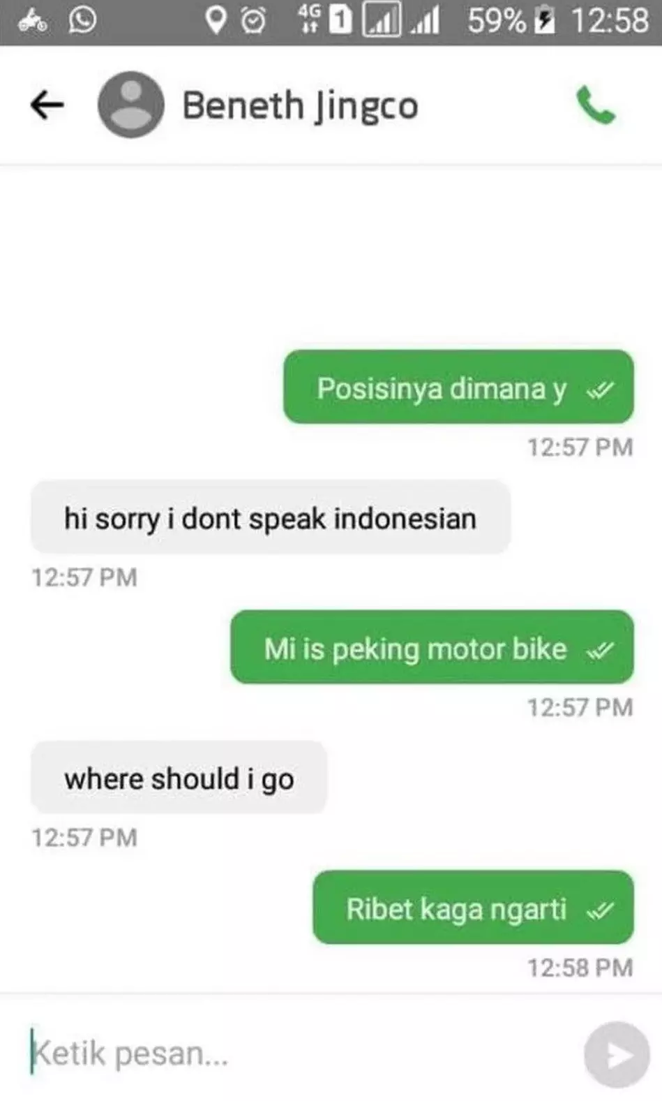 pelanggan ojek online malah bales pakai bahasa asing © 2021 berbagai sumber