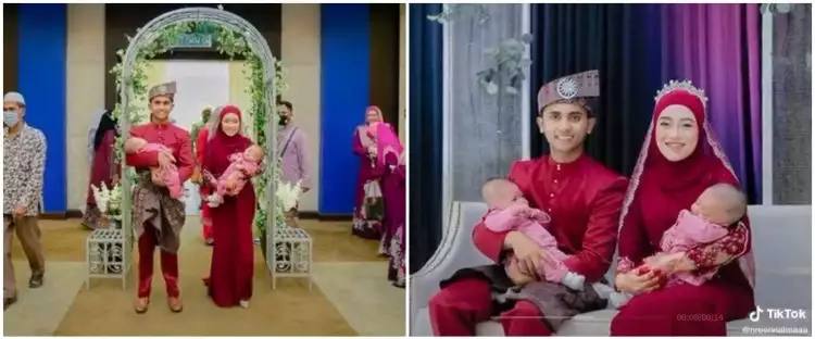 Viral foto pengantin gendong dua bayi di pelaminan, begini kisahnya