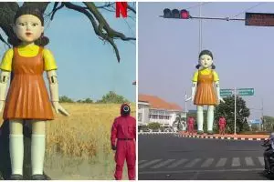 Viral potret boneka 'Squid Game' terpasang di traffic light Semarang