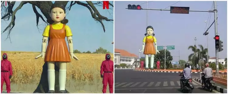 Viral potret boneka 'Squid Game' terpasang di traffic light Semarang