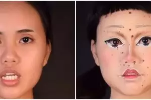 Aksi wanita makeup ala boneka Squid Game, hasilnya menakjubkan