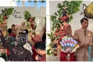 Aksi tamu undangan hadiri resepsi pernikahan, bawa kado pohon pisang