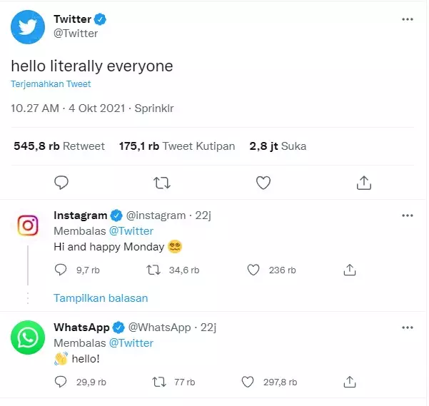 Cuitan CEO Twitter saat WhatsApp down © Istimewa Cuitan CEO Twitter saat WhatsApp down © Istimewa