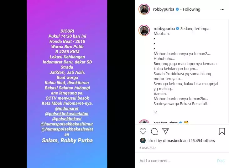 cerita seleb korban pencurian motor © instagram
