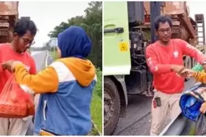 Sopir truk berhenti di jalan tol temui anak-istri, berikan barang ini