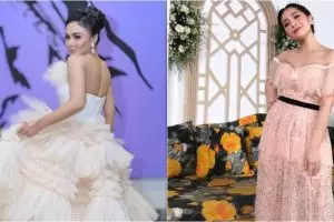 9 Beda gaya Nagita Slavina dan Yuni Shara saat kondangan