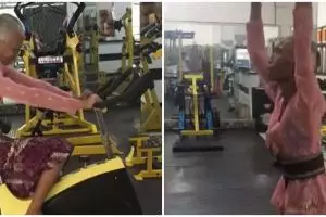 Viral nenek berkebaya fitnes di gym, bikin salut sekaligus ngilu