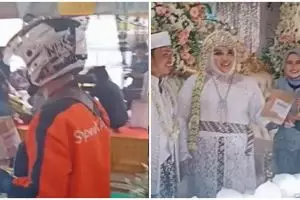Viral pengantin terima paket di pelaminan, jadi foto terbaik di kurir