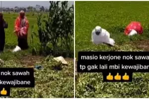 Jalankan ibadah salat di tengah sawah, ibu-ibu ini tuai pujian