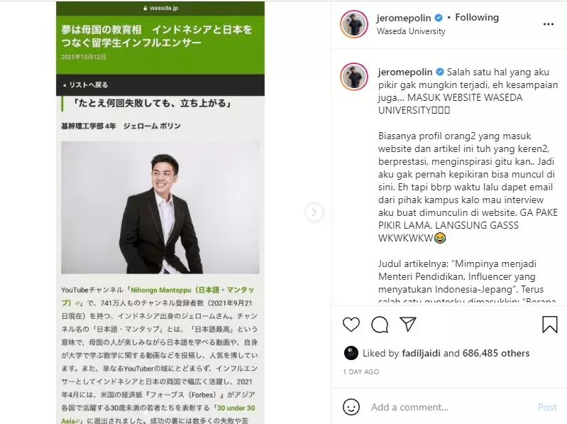 ucapan bangga Jerome Polin © 2021 Instagram