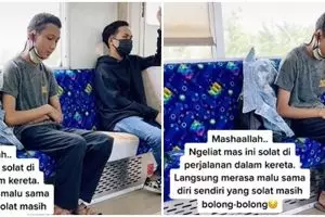 Momen pria salat sambil duduk di KRL, bikin penumpang lain salut