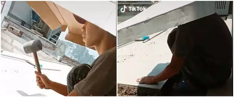 Viral tukang bangunan buat pelindung kepala dari kardus, unik banget