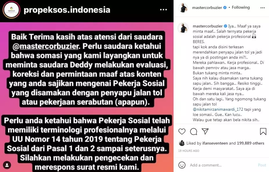 Deddy Corbuzier disomasi karena dianggap menghina status pekerja sosial Instagram