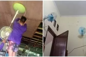 11 Cara nyeleneh orang pasang kipas angin yang bikin heran banget