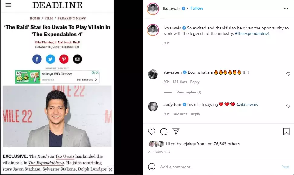 Iko Uwais bintangi The Expendables 4 © Instagram Iko Uwais bintangi The Expendables 4 © Instagram