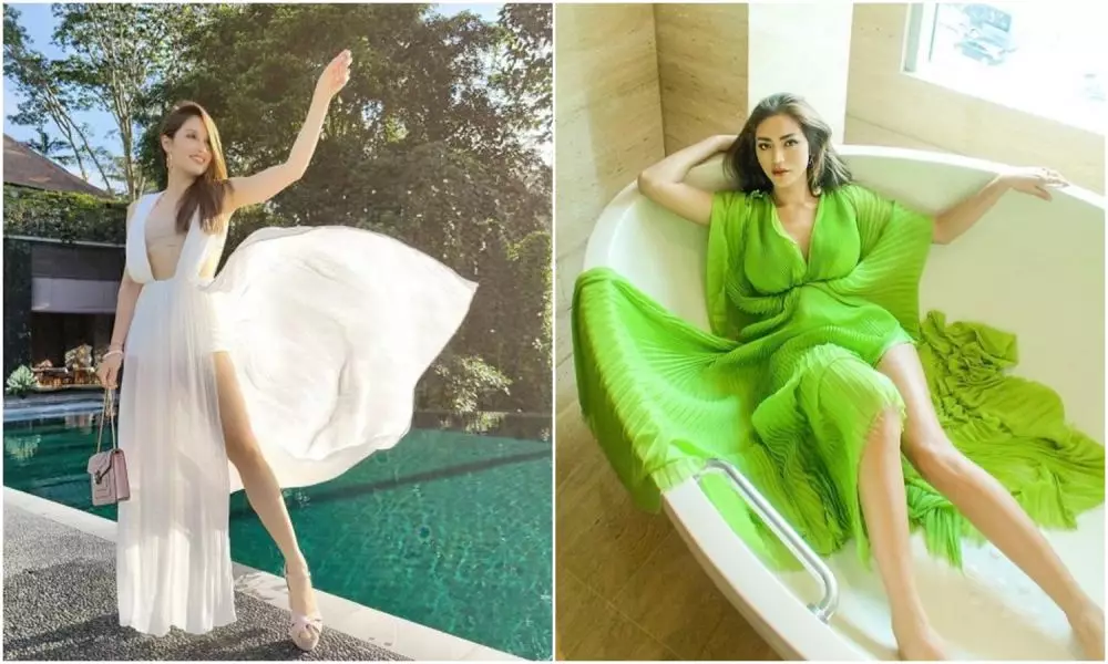Beda gaya Cinta Laura dan Jessica Iskandar kenakan long dress Berbagai sumber  Beda gaya Cinta Laura dan Jessica Iskandar kenakan long dress Berbagai sumber