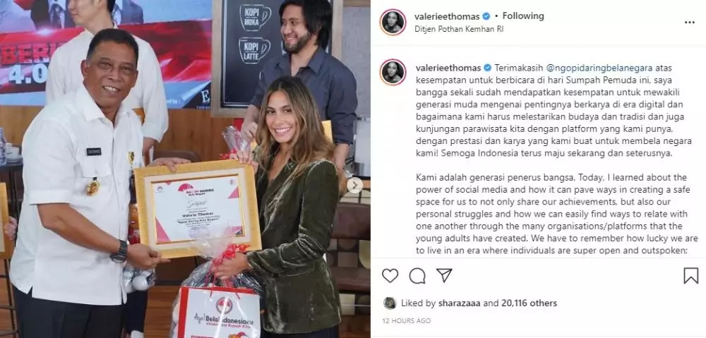 ucapan bangga Valerie Thomas © 2021 Instagram