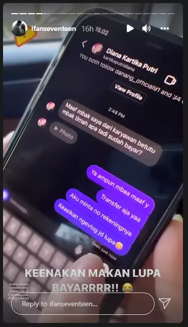 istri Ifan Seventeen di DM karyawan restoran Instagram