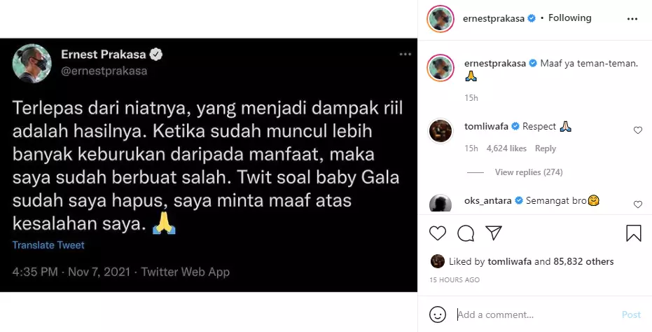 Klarifikasi Ernest Prakasa usai buat cuitan soal Gala Instagram