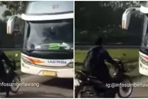 Aksi pemotor adang bus lawan arah di Sragen, warganet terkesima