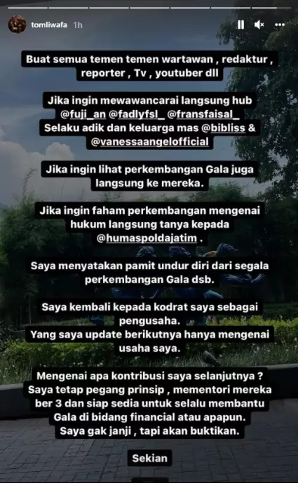 tom liwafa berhenti posting vanessa © 2021 Instagram