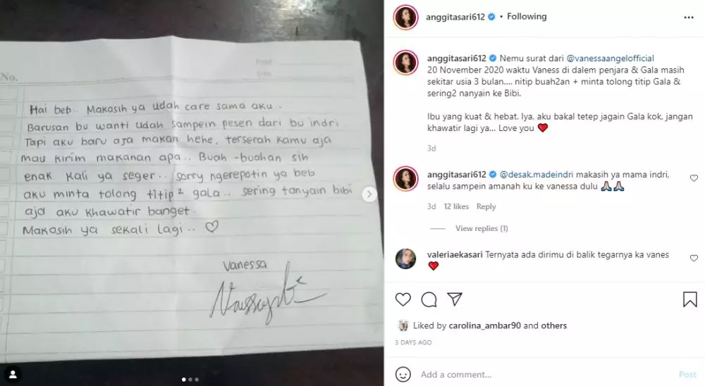 Sahabat ungkap isi surat Vanessa Angel Instagram