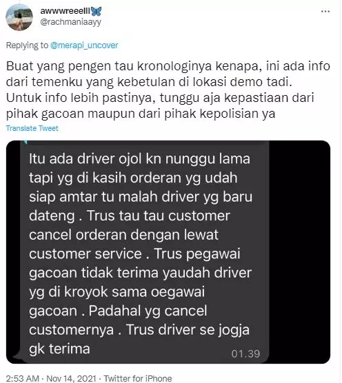 isi chat kronologi driver ojol Yogyakarta demo Mie Gacoan © Twitter/@merapi_uncover dan Twitter/@rachmaniaayy isi chat kronologi driver ojol Yogyakarta demo Mie Gacoan © Twitter/@merapi_uncover dan Twitter/@rachmaniaayy