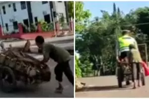 Aksi polisi bantu menarik gerobak penjual air keliling, bikin salut