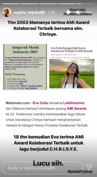 Sophia Latjhuba ungkap hal unik di balik AMI Awards Eva Celia © 2021 Instagram